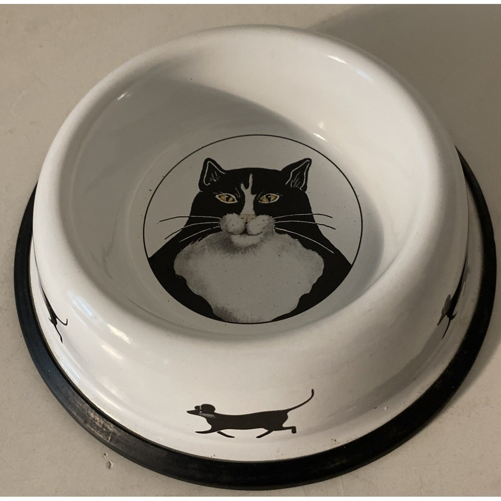 Vintage Tuxedo Black White Cat Metal Cat Dish With Mice Whimsical